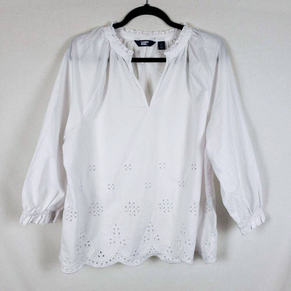 Lands End Cottage Blouse Womens L White Prairie Eyelet Country Western Romantic